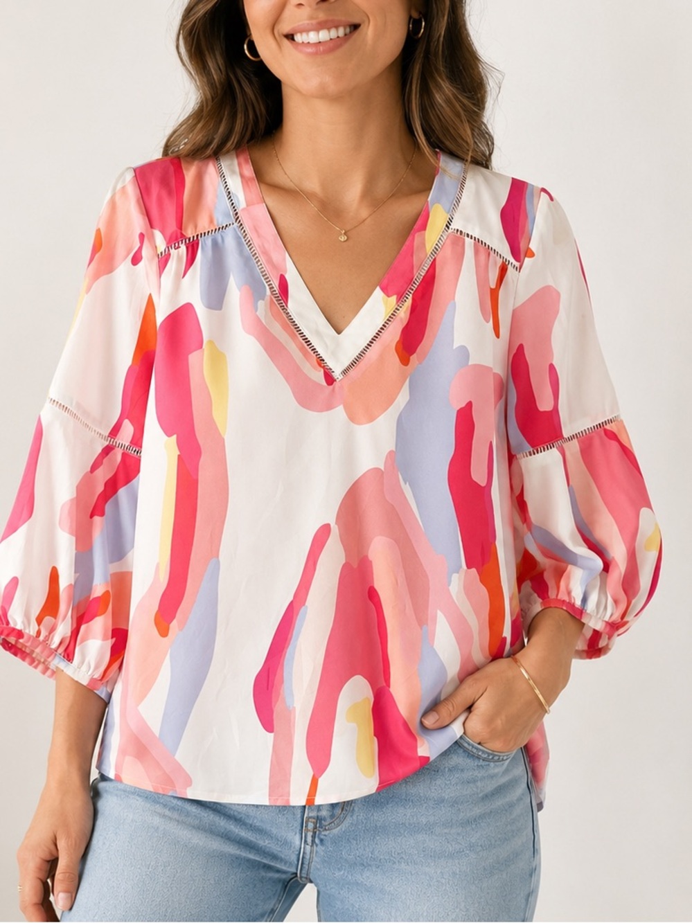 Crosby by Mollie Burch Figgy Abstract Print V-Neck Pink Lightweight Boho Blouse